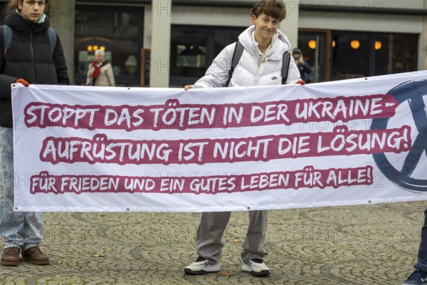 Demonstration against compulsory military service in Ludwigshafen am Rhein***Picture: Flag with the