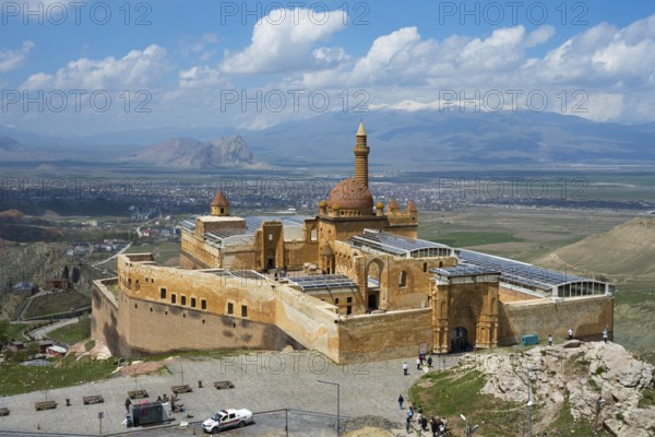 Historic fortress with panoramic views of surrounding countryside and cloudy sky, Ishak Pasha
