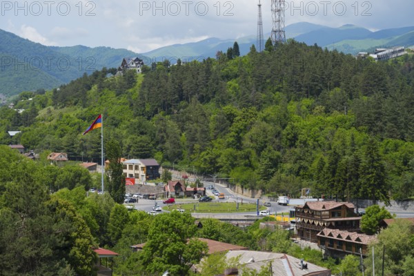 Panorama with mountains, forest, village, a flag and a road leading through the green landscape,