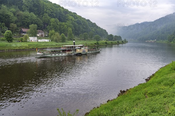 The paddle steamer Kurort Rathen on the Elbe between Germany and the Czech Republic near HÅ™ensko,