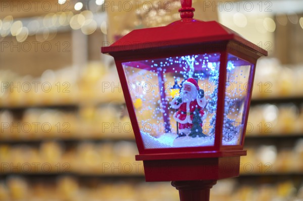 Sales stand, lantern with Santa Claus in the snow, Santa Claus, miniature, toy, decoration, sales