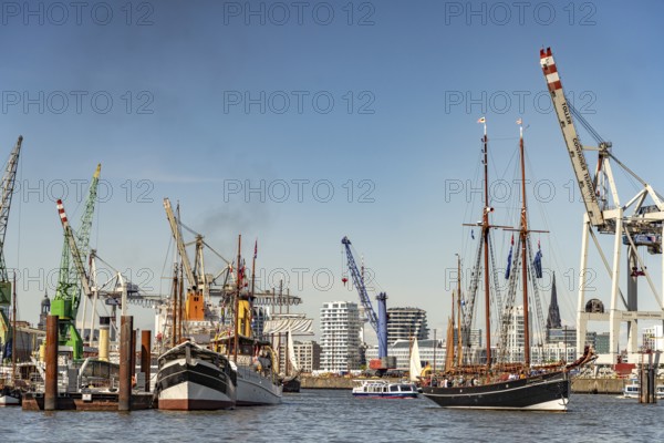 Incoming parade of ships and sailboats at Hafengeburtstag Hamburg 2025 in the Free Hanseatic City