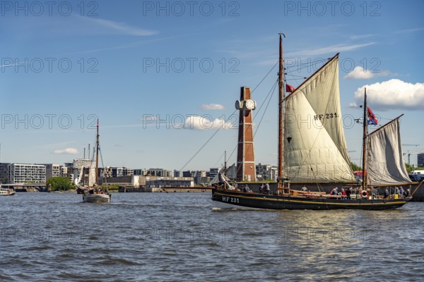 Landrath KÃ¼ster, oldest floating Finkenwerder Hochseekutter, arrival parade of ships and sailboats