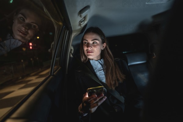 Young businesswoman commuting by car at night, sitting in backseat and looking out the window while