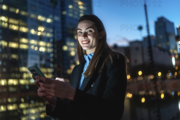 Young woman texting on a smartphone, sharing a happy smile while standing on a city street at night