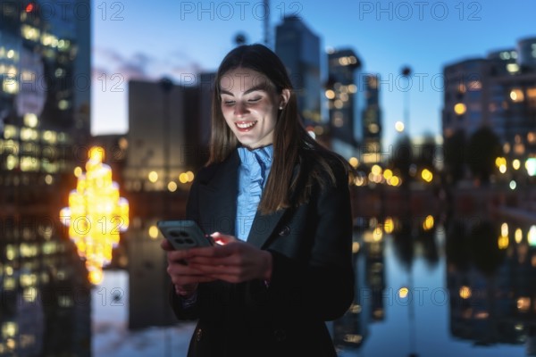 Young professional woman smiling happily while interacting with her mobile phone against a blurred