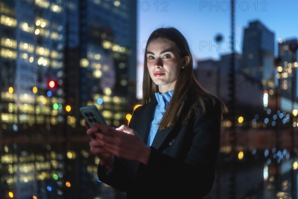Young businesswoman looking at camera while holding a mobile phone in her hands and texting,