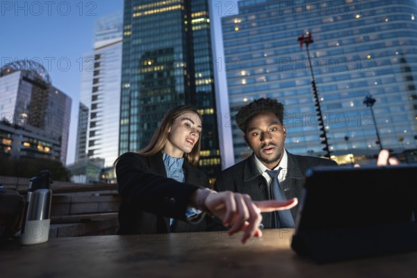 Diverse business colleagues working together on a digital tablet, pointing at the screen, with