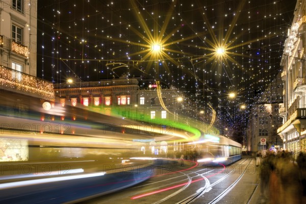 Trams of light on Zurich's Paradeplatz, Lucy Christmas Lights, ZÃ¼rich, Canton of Zurich,