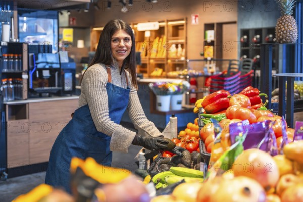 Woman in apron and gloves arranging fresh avocados on a supermarket produce display, smiling while