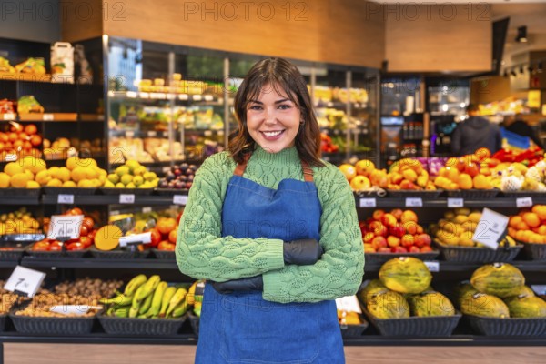 Smiling young greengrocer in blue apron and green sweater stands confidently with arms crossed amid