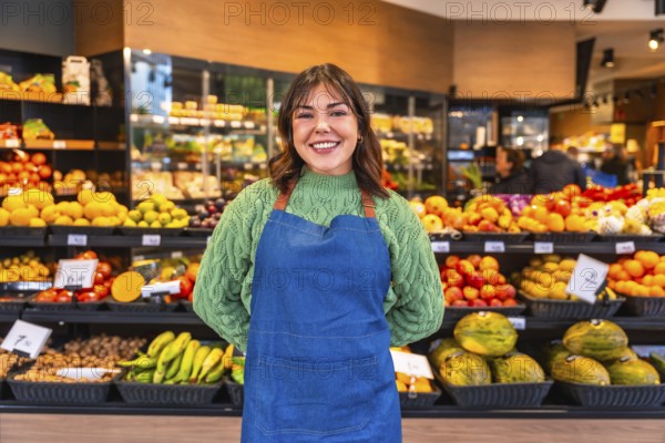 Woman wearing apron and green sweater standing with a friendly smile in a modern fruit and