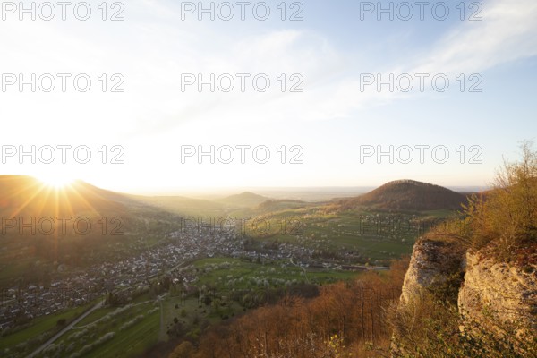 View of the Neidlinger Valley from Knaupenfels at sunset, Neidlingen, Baden-WÃ¼rttemberg, Swabian