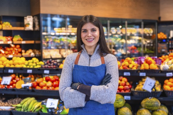 Young woman working in a fruit and vegetable section of a grocery store, wearing an apron and