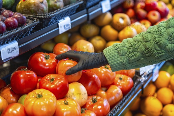 Person's hand wearing a black disposable glove picking ripe tomatoes from a display bin, promoting