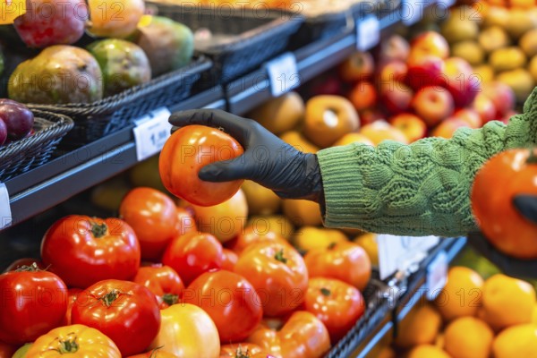Person wearing a protective rubber glove selecting a ripe tomato from a produce display at a