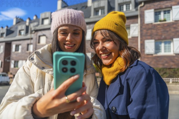 Two friends in winter jackets and beanies smiling and taking a selfie on a sunny city street,