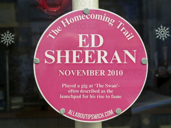 The Homecoming Trail plaque sign Ed Sheeran gig at The Swan pub in November 2010, Ipswich, Suffolk,