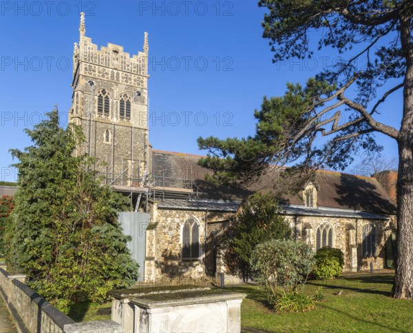 Scaffolding repair work medieval church of Saint Nicholas, Franciscan Way, Ipswich, Suffolk,