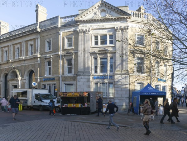Barclays Bank building food stalls Princes street pedestrianised area, town centre of Ipswich,