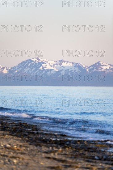 Anchor Point beach on Cook Inlet in the evening light, snowy mountain peaks of the Kenai Peninsula,