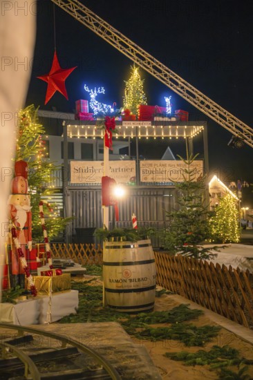 Festive Christmas market decorations at night with lights and ornaments, Sindelfingen, Böblingen