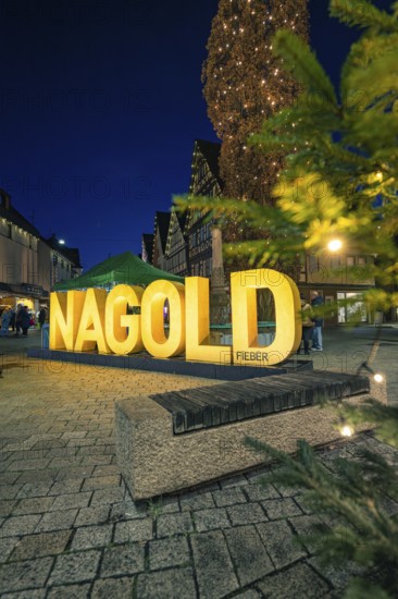 Glowing Nagold lettering and Christmas tree in the city center at night, Christmas market 2025,