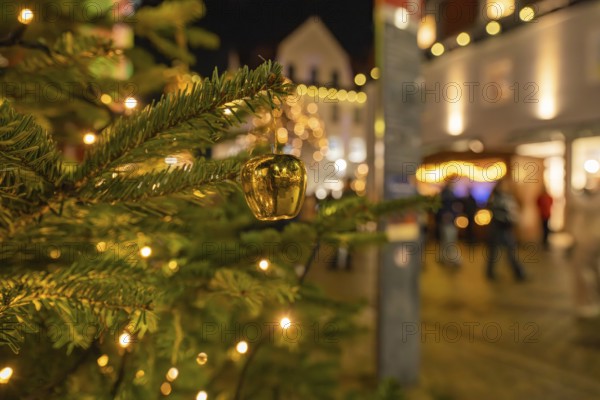 Golden Christmas decoration on a branch, festive lighting in an urban environment, Christmas market