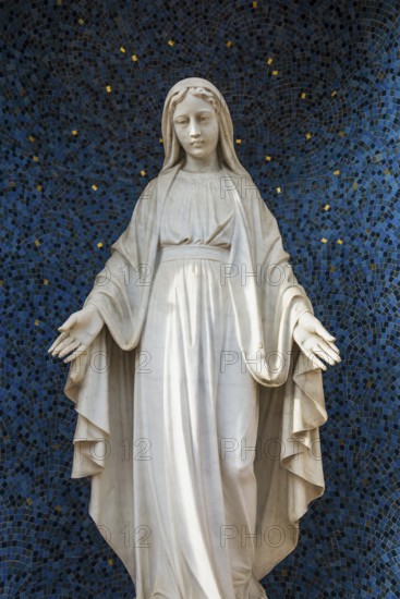 Marble Madonna in front of a blue mosaic, Wissembourg, Weissenburg, Alsace, Bas-Rhin department,