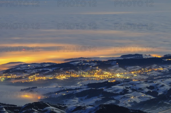 Night shot, long exposure of the 2506 meter high SÃ¤ntis into the wintery, snow-covered,