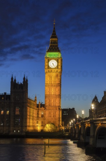Elizabeth Tower, Big Ben with Westminster Palace and Westminster Bridge at blue hour, London,