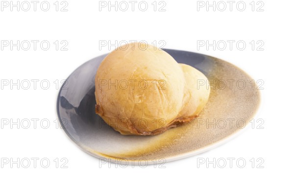 Smoked Mozzarella cheese, with tomatoes and olives isolated on white background, side view, copy