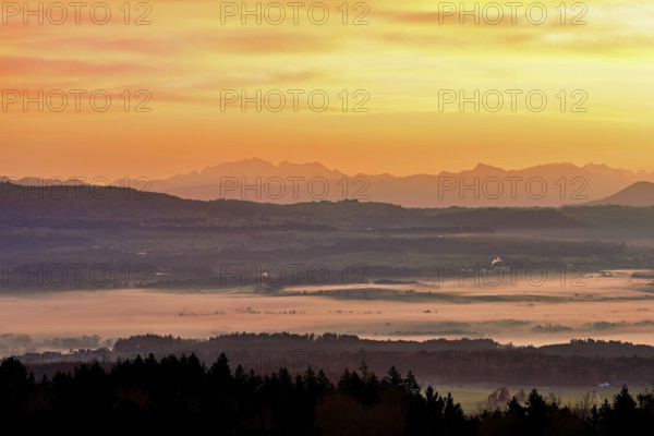 View from Horben of the Reuss Valley covered in fog, behind it the Alpstein with the SÃ¤ntis in the
