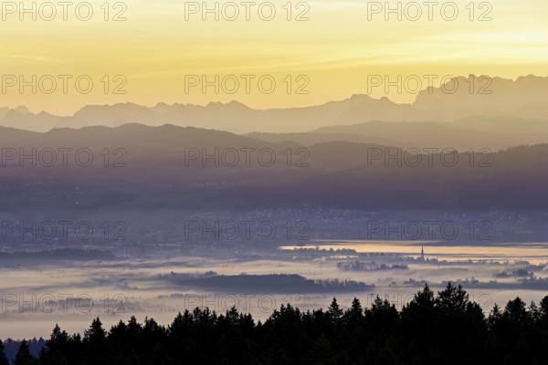View from Horben of Lake Zug with the city of Cham and Zug covered in fog, behind it the