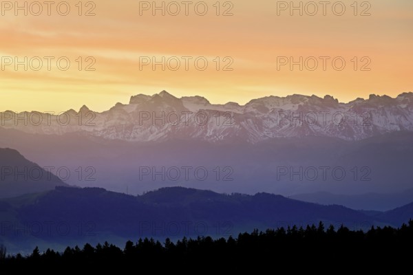 Snow-covered Central Switzerland Alps in the light of dawn, Horben, Beinwil-Freiamt, Canton,
