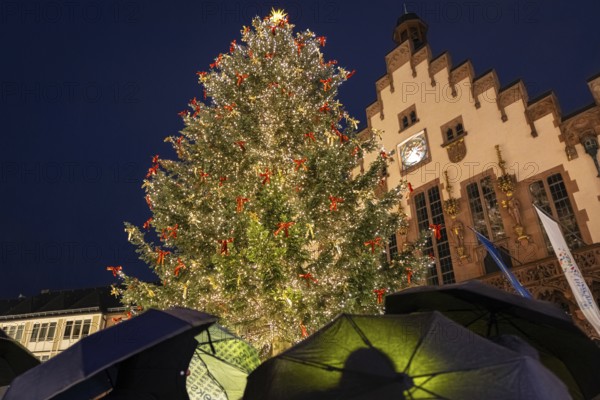 Visitors to the Frankfurt Christmas market protect themselves from the rain with umbrellas in the
