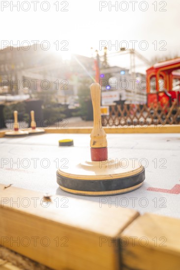 Close-up of a wooden outdoor throwing game in sunshine, Sindelfingen, Böblingen district, Germany
