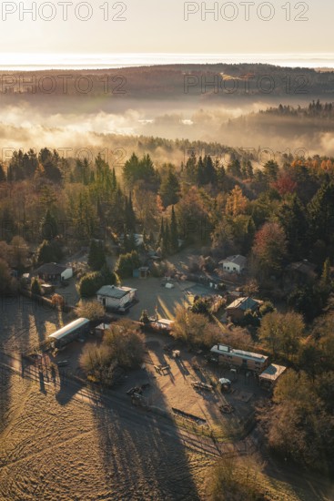 Autumn homestead surrounded by colorful forest and fog at dawn, Gechingen, Hecken and GÃ¤u region,