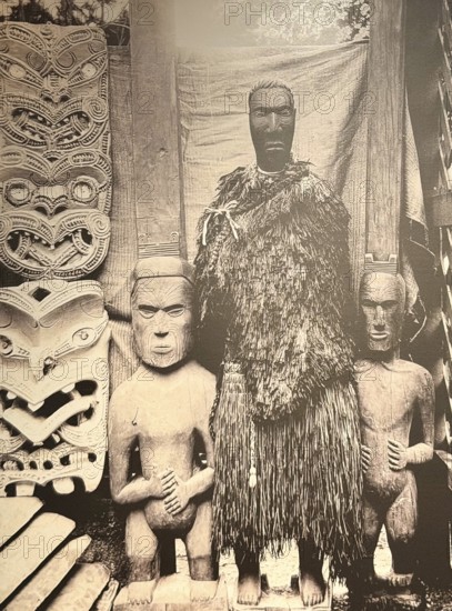 Tawhaki with parts of the Assembly House, 1985-1902, Maori, Historic Photo, Rotorua, New Zealand