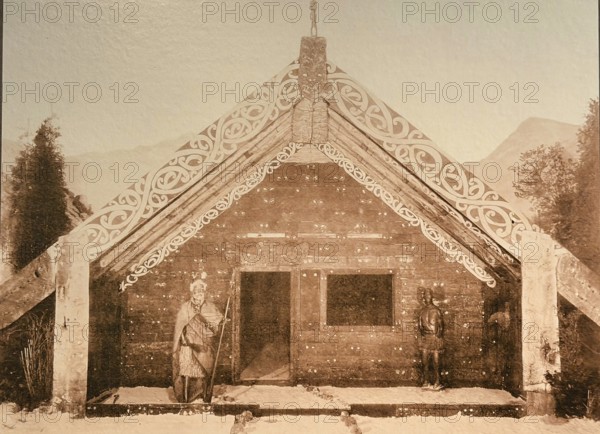 Taewahki can be seen on the right side of the porch of the meeting house, which the company J.F.G.