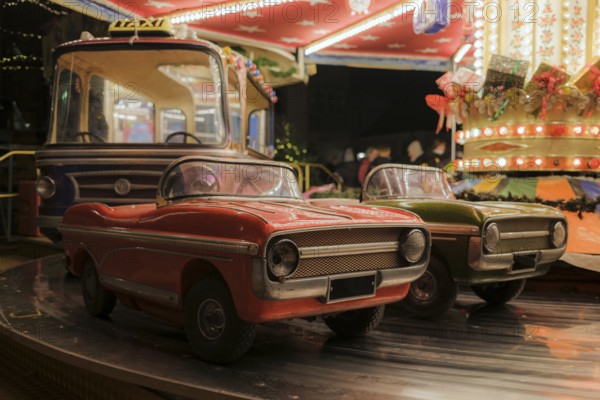 Children's carousel, classic fair ride at a Christmas market, with classic car models, classic