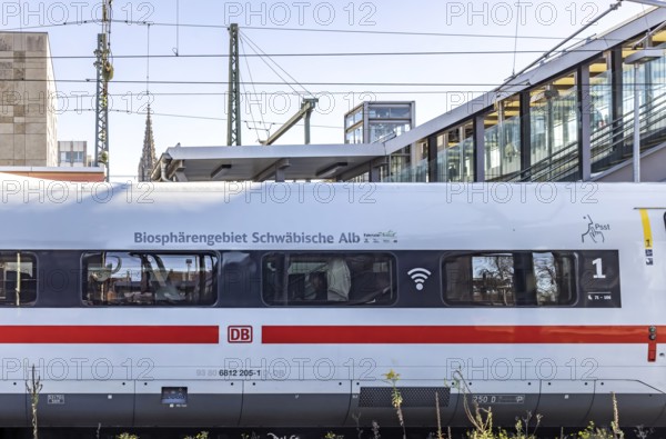 ICE at Ulm Central Station. The high-speed train is called the Swabian Alb Biosphere Reserve. Ulm,