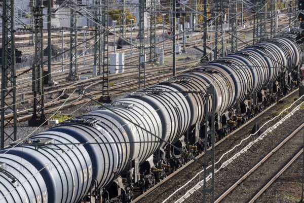 Freight train with tank car traveling through UntertÃ¼rkheim, Stuttgart, Baden-WÃ¼rttemberg,