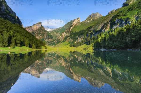 Seealpsee, in Alpstein, SÃ¤ntis in the background, Appenzell, Switzerland