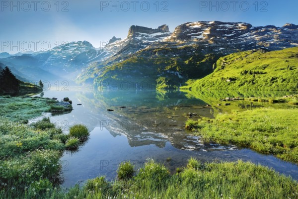 Engstlensee near Engstlenalp with GroÃŸ Wendenstock, Reissend Nollen and Titlis in the background,