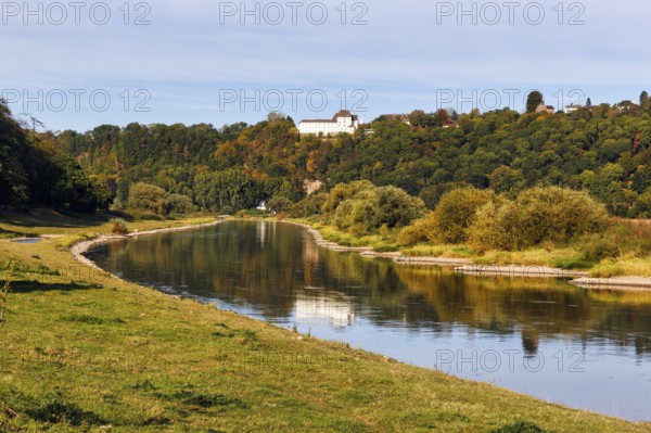 Picturesque landscape with wooded hills and floodplain landscapes, Weser banks, river landscape,