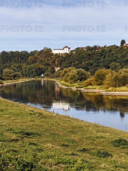 Picturesque landscape with wooded hills and floodplain landscapes, Weser banks, river landscape,