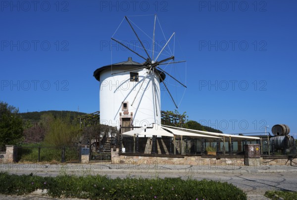 A white windmill with wings in a quiet rural setting under clear skies, Cunda Windmill, Alibey