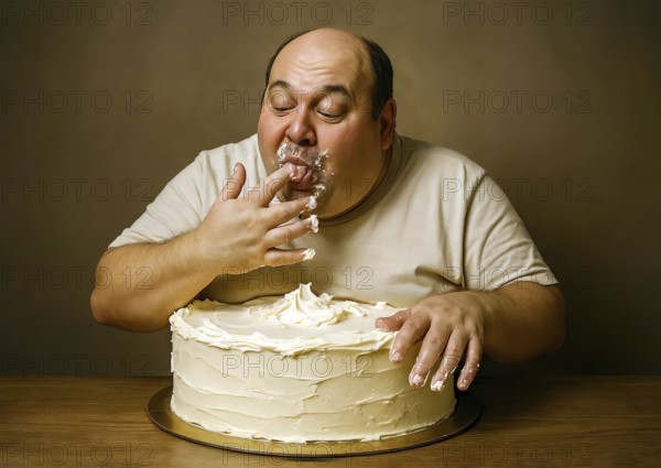 A very fat obese man sits in front of a buttercream cake and licks his fingers off with butter