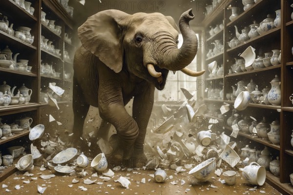 An elephant trumpets through a china shop and destroys porcelain, symbolic image rough, gruff,